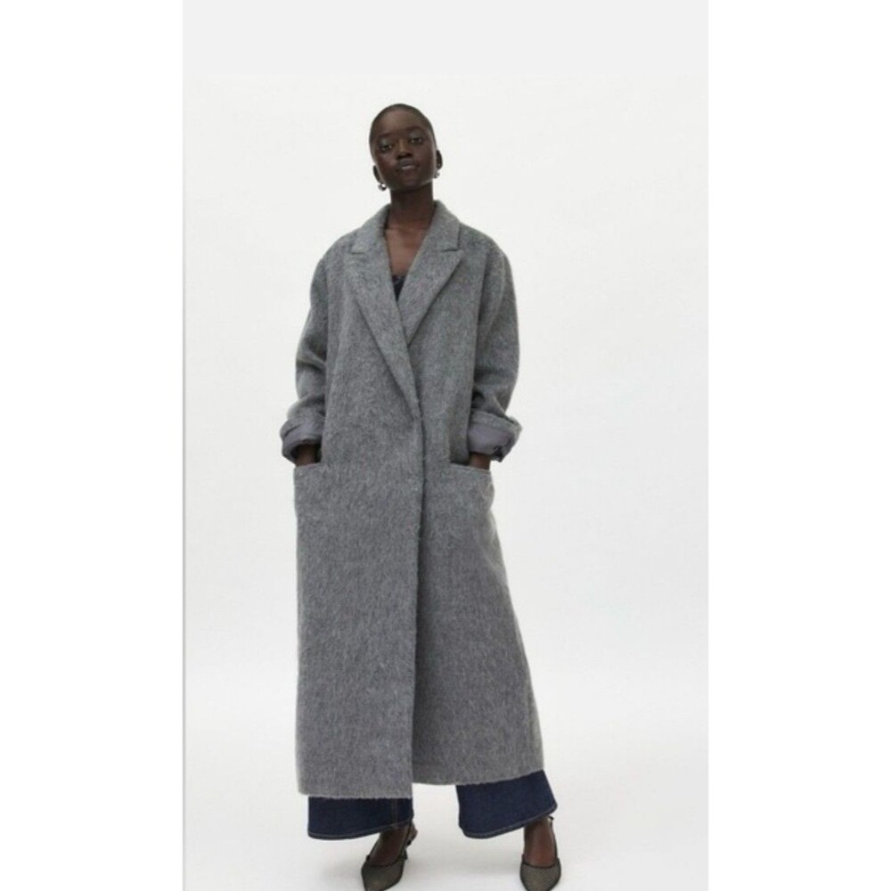 Urban Outfitters NORA Wool Trench Coat Women's Large Gray Long Furry Outerwear